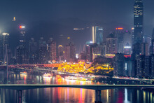 Chongqing Urban Architecture At Night - The People's Great Hall With The Neon Lights