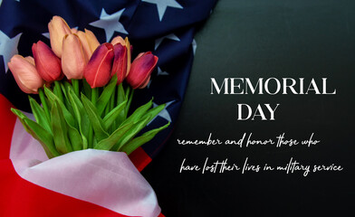 Wall Mural - American flag and a poppy flowers with Memorial Day Remember and Honor text background
