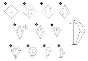 Aufkleber - How to make origami  penguin bird. Step by step instructions. Monochrome black and white vector DIY illustration.