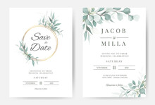 Wedding Invitation Card Greenery Watercolor Leaf And Branch With Gold Circle Frame Template Set 