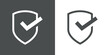 Logo control de seguridad. Icono con marca de verificación en escudo con líneas en fondo gris y fondo blanco