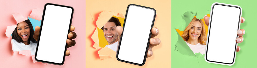 Diverse pople showing white empty smartphone screen through torn paper