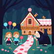 Cartoon Hansel and Gretel. Cute sweet house, funny witch with cat. Classic fairy tale for children. Kawaii characters. Fantasy vector illustration.