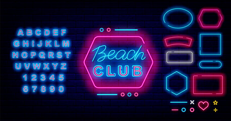 Wall Mural - Beach club neon signboard. Frames collection. Shiny alphabet. Night party invitation. Vector stock illustration