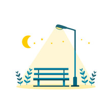 Blue Wooden Bench With Glowing Street Lamp And Moon Star At Public Park Garden In Night Time On White Background Flat Vector Design.