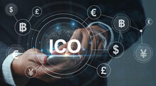 Businessman Using Mobile Smartphone Shows ICO, Initial Coin Offering. Digital Electronic Binary Money Financial Concept. Bitcoin Currency Exchange On Virtual Screen Interface.Business, Technology.