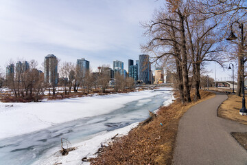 Wall Mural - Calgary, AB, Canada - March 14 2022 : Bow River Pathway during winter. Frozen Bow River, St. Patrick's Island Park. Downtown Calgary.