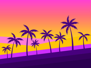 Wall Mural - Palm trees at sunset. Tropical palm landscape with gradient color. Summer time poster. Design for posters, banners and promotional items. Vector illustration