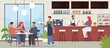 © YummyBuum - Cafe visitors. People in coffee house interior, friends sitting at table in restaurant, bar counter, waiter and customers. Men and women eating and drinking vector cartoon flat concept