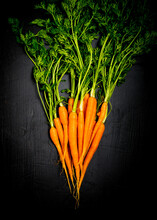 Bunch Of Carrots With Stems On A Dark Surface