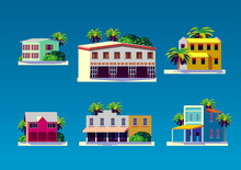 Vector Set Of Caribbean Traditional Houses, Villas And Bungalows With Palms And Flower Trees.