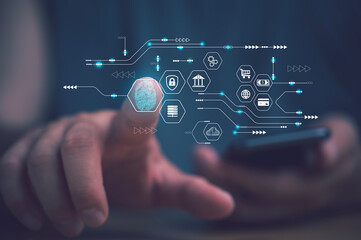 Poster - Security of future technology and Cybernetics on the Internet innovation technology against digital cyber crime, finger scanning allows access to security and identification of big Data businesses.