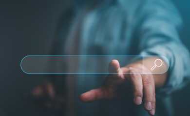 Leinwandbilder - Data Search Technology SEO Search Engine Optimization. Search button on virtual screen pressed with finger for data and information. Using Search Console with your website. web search concept.