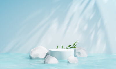 Wall Mural - podium on the water for product presentation. Natural beauty pedestal, relaxation and health, 3d illustration.