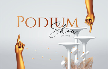 Wall Mural - 3d white scene with podium and realistic golden hand. modern showcase.