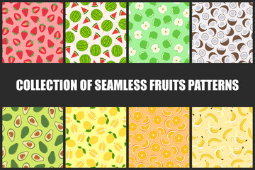 Collection of bright seamless fruits patterns - hand drawn cartoon design. Repeatable summer backgrounds. Vibrant endless prints. Vector illustration