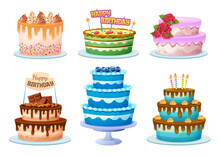 Set Of Various Birthday Cakes In Cartoon Style