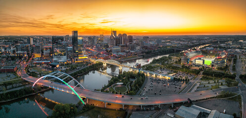 Wall Mural - nashville skyline with braodway and sunset