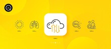 New Products, Lungs And Sunny Weather Minimal Line Icons. Yellow Abstract Background. Inspect, Cloud Sync Icons. For Web, Application, Printing. Search, Respiratory Pneumonia, Sun. Vector