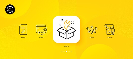 Edit document, Wallet and Manual doc minimal line icons. Yellow abstract background. Spanner, Correct answer icons. For web, application, printing. Page with pencil, Online money, Project info. Vector