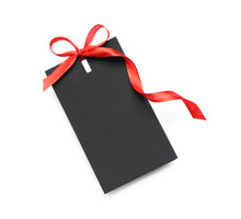 Blank Black Gift Tag With Red Satin Ribbon On White Background, Top View. Space For Design