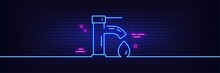 Neon Light Glow Effect. Tap Water Line Icon. Faucet With Aqua Drop Sign. Sanitary Engineering Symbol. 3d Line Neon Glow Icon. Brick Wall Banner. Tap Water Outline. Vector
