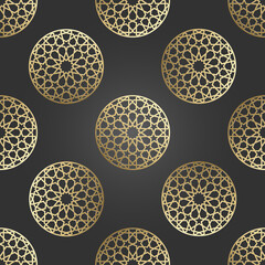 Wall Mural - Islamic ornament vector, persian motiff. 3d ramadan islamic round pattern elements. Geometric circular ornamental arabic symbol vector. Gold background