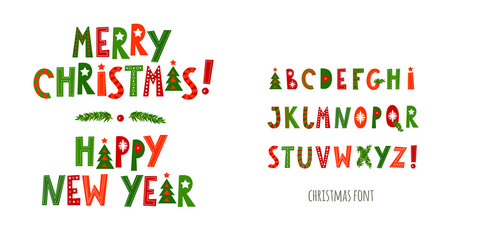 Christmas decorative font. Capital letters. Merry Christmas happy new year. For posters, banners, greeting cards. Vector illustration