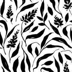 Seamless vector black floral pattern. Elegance background with flowers and wavy long leaves. Meadow and feminine motif. Retro style design for fashion , fabric, web, wallpaper ,wrapping 