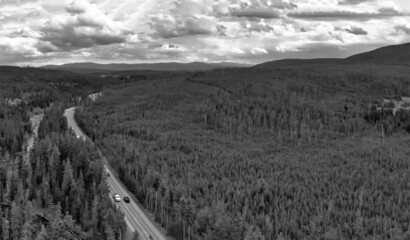 Canvas Print - Yellowstone forest and river panoramic aerial view in summer season, Wyoming, USA