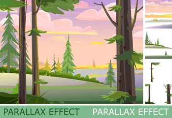 Wall Mural - pine trees with branches and bushes with parallax effect. beautiful morning sky. summer nature lands