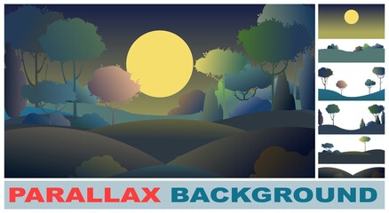 Wall Mural - Silhouette night landscape. Set parallax effect. Big moon. Moonlight. Darkness. Cartoon style. Hills grass and trees. Cool romantic pretty. Flat design background illustration. Vector