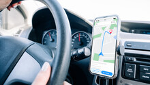Gps Navigation Map System. Global Positioning System On Smartphone Screen In Auto Car On Travel Road. GPS Device Satellite System Technology.