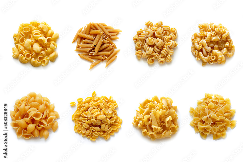 Pasta Styyles Italian cuisine. Pasta collection, different types of pasta on white ...