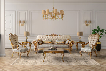 3d rendering of classic living room interior. classic furniture set