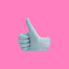 Poster - Hands with thumb up and Like gesture on pink background. Contemporary art collage. Minimalism.