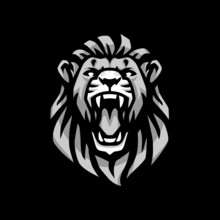 Gray Lion Head Roars Vector Illustration Template. Big Cat Mascot Logo Clipart. Can Be Used For Labels, Banners, Or Advertisements.