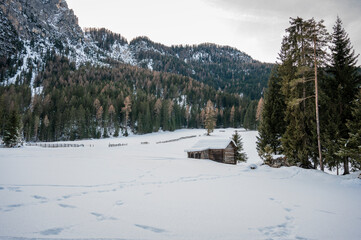 Winter in the San Vigilio di Marebbe valley of the Dolomites