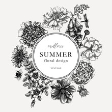 Summer Flowers Round Card Or Invitation Template. Hand-sketched Garden Plants Wreath In Engraved Style. Botanical Illustration With Flower Outlines. Perfect For Banners, Wedding Or Event Design