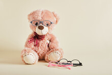 Teddy Bear With Eye Glasses On Beige Background