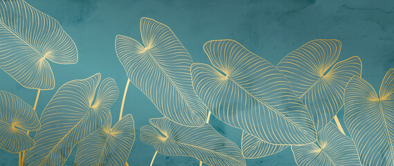 Luxury art background with homolamena tropical leaves in gold color in line style. Botanical banner for decoration, design, invitations, packaging