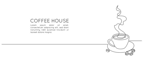 Aufkleber - Cup coffee with aroma smoke in One continuous line drawing. Minimalist silhouette concept tea mug for cafe menu and web banner in simple linear style. Editable stroke. Doodle Vector illustration
