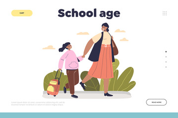Wall Mural - School age concept of landing page with mother taking kid girl to school class