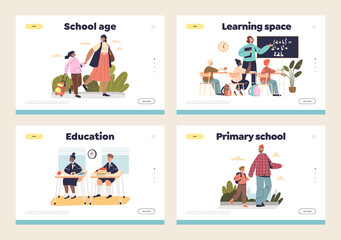 Wall Mural - Schoolchildren concept of landing pages set with kids learning, walking to school and during lesson