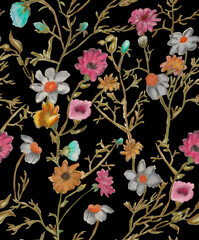  Hand drawn floral seamless pattern with textured flower. Wild flowers illustration in dark background