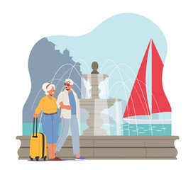 Wall Mural - Elderly People Traveling in Foreign Country. Aged Persons in Voyage Abroad. Senior Tourist Couple Watching City Sights