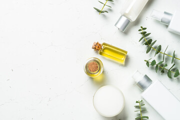 Wall Mural - natural cosmetic, skincare product. eucalyptus cosmetic with essential oil, spa product at white tab