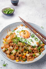 Canvas Print - Shrimp fried rice with vegetables and fried egg