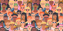 Crowd Of Diverse People Cartoon Character Group Seamless Pattern Illustration. Modern Team Of Many Young Men And Women Background.