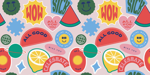 Wall Mural - vintage fruit sticker label seamless pattern. retro 90s smile icon tag background texture. trendy si